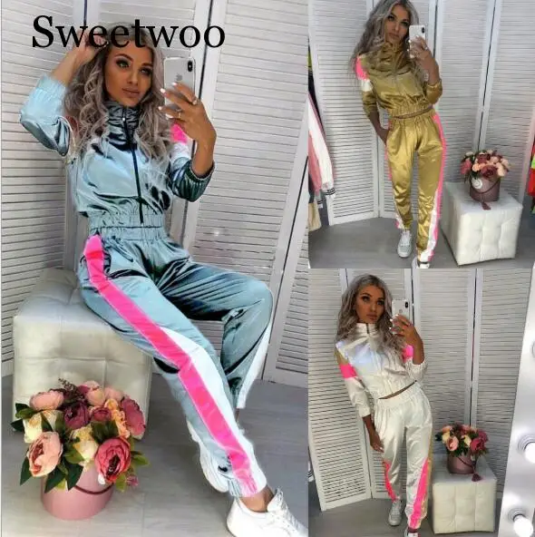 

Sportswear Fashion Splice Women Two Pieces Sport Suit Set Zipper Yoga Set Elastic Drawstring Pants Tracksuits