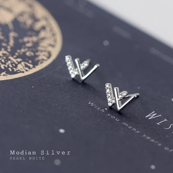 

Modian Genuine 925 Strling Sliver Sparkling Zircon W Shape Stud Earring for Women Anti-Allergy Ear Pin Korea Style Fine Jewelry
