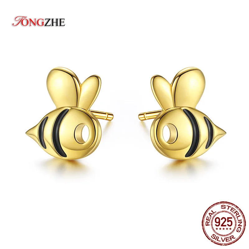 TONGZHE Genuine 925 Sterling Silver Honey Bee Earring For Women Stud Earrings Gold Color Cute Animal Cool Jewelry Gift KLTE106-1 | Украшения