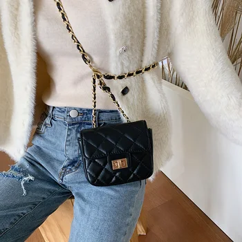 

FANTASY 2020 New Mini PU Leather Black Grid Bag For Women Gold Chain Handbags Girls Fashion Simple Wild Belt Bag Messenger Bags
