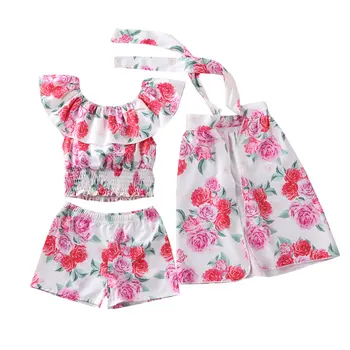 

1-6Y Flower Toddler Baby Kid Girls Clothes Set Ruffles Off Shoulder Tops + Skirts +Shorts Outfits Summer Beach Travel Costumes