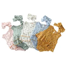 

Baby Floral Print Clothes Set, Girls Sleeveless Ruffle Hem O-neck Romper + Bow-knot Headband