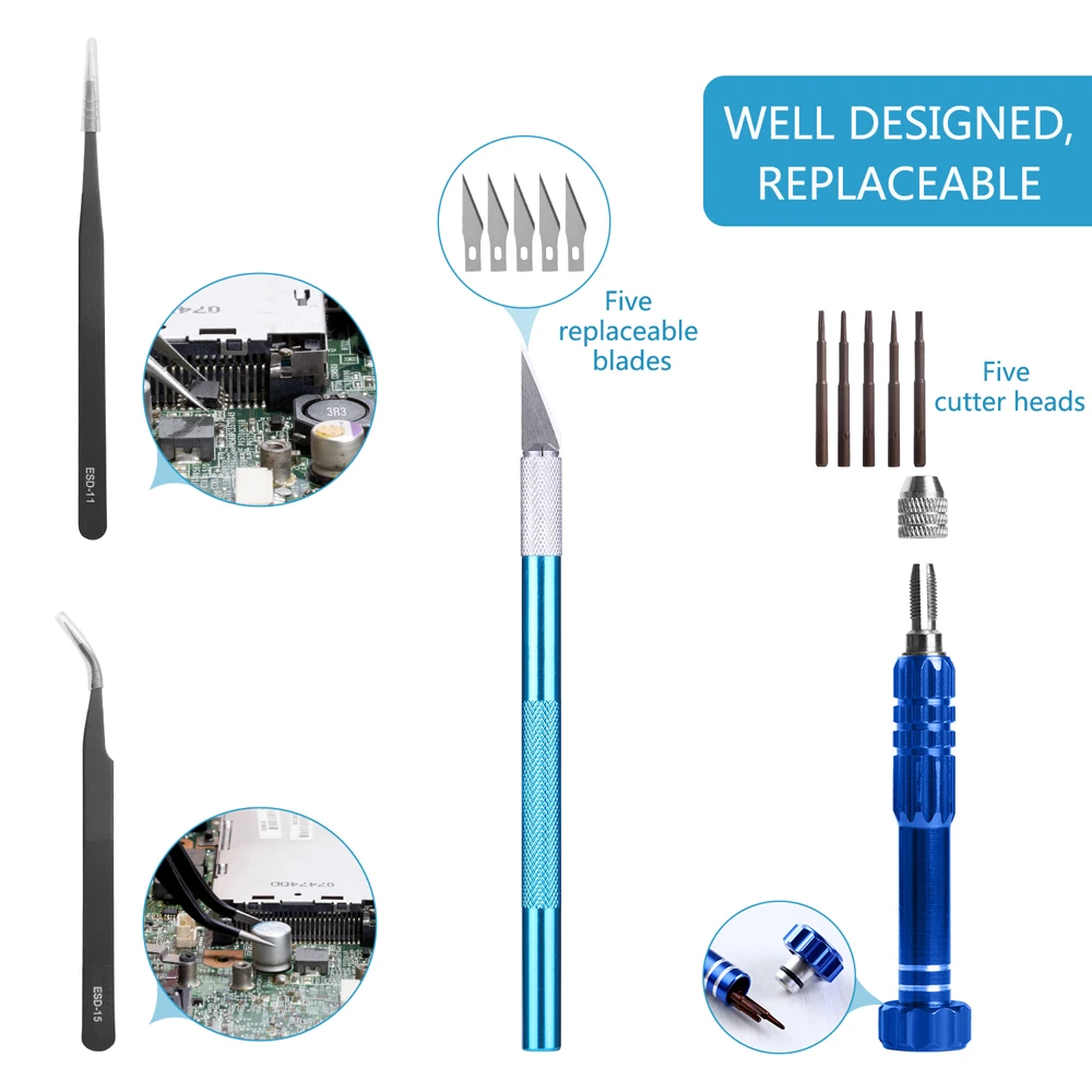 GEYOTAR EU 220V 60W Adjustable Temperature Electric Soldering Iron Kit with Switch Solder Wire Tweezers Soldering Iron Tips