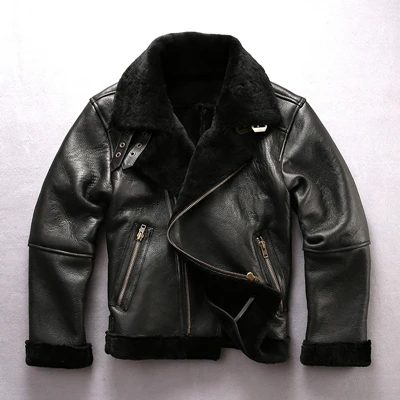 AVIREXFLY super quality warm genuine sheepskin fur jackets Male winter autumn shearling bomber jacket vintage large size coats - Цвет: Черный