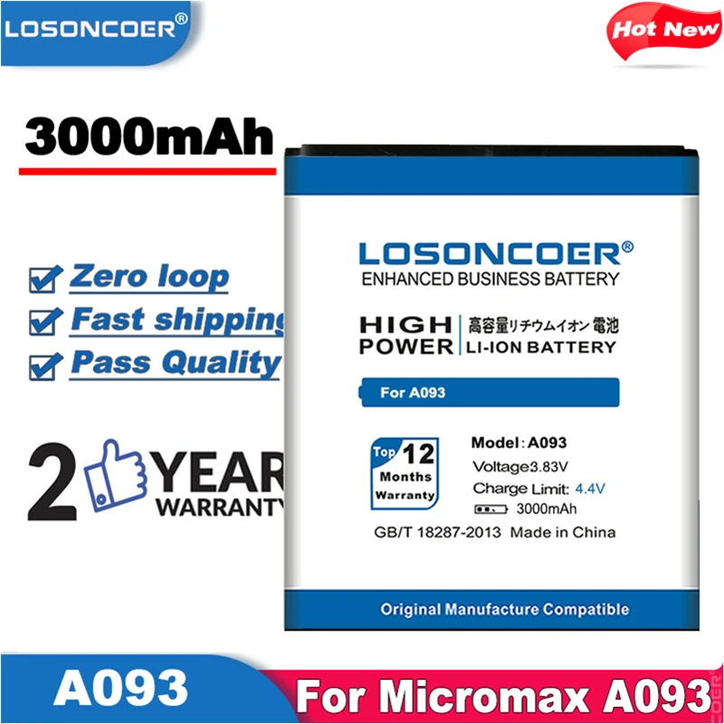 LOSONCOER 3000mAh аккумулятор высокого качества для Micromax A093 Battery 2300mAh | Мобильные телефоны