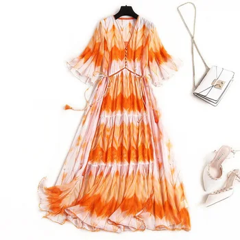 

Women real silk dress plus size 3/4 sleeve elegant dresses summer 2020 geometric print chiffon V-neck orange