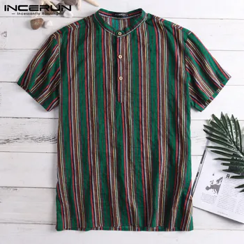 

Summer Striped Shirt Men Vintage Button Stand Collar Short Sleeve Tops 2020 Camisa Retro Men Casual Shirts Plus Size INCERUN