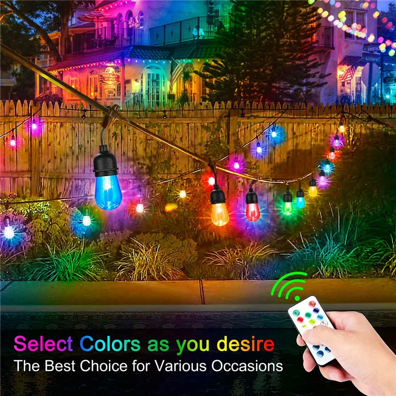 Colorful Solar Patio Hanging Lights for Backyard Garden 2-Pack Each 48FT RGB Solar String Lights Outdoor Dimmable Color Changing Patio Lights with Remotes,30+5 Waterproof Shatterproof LED Bulbs