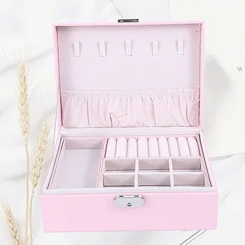 

Necklace Ring PU Leather 2 Layers Durable Jewelry Box Travel Portable Storage Organizer Gifts Safety Lock Display Tray Home