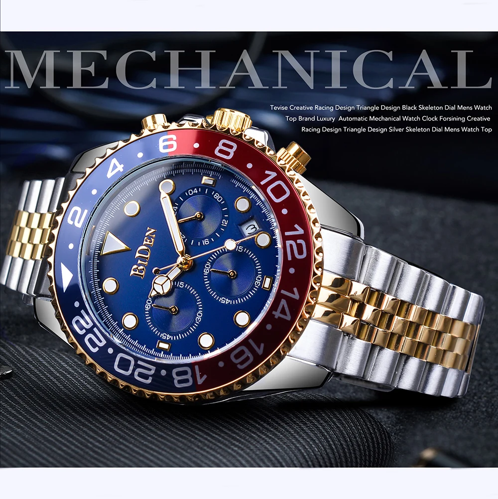 BIDEN Blue Silver Men Quartz Watch Stainless Steel Waterproof Luxury Chronograph Sport Watches Military Date Clock Wristwatch