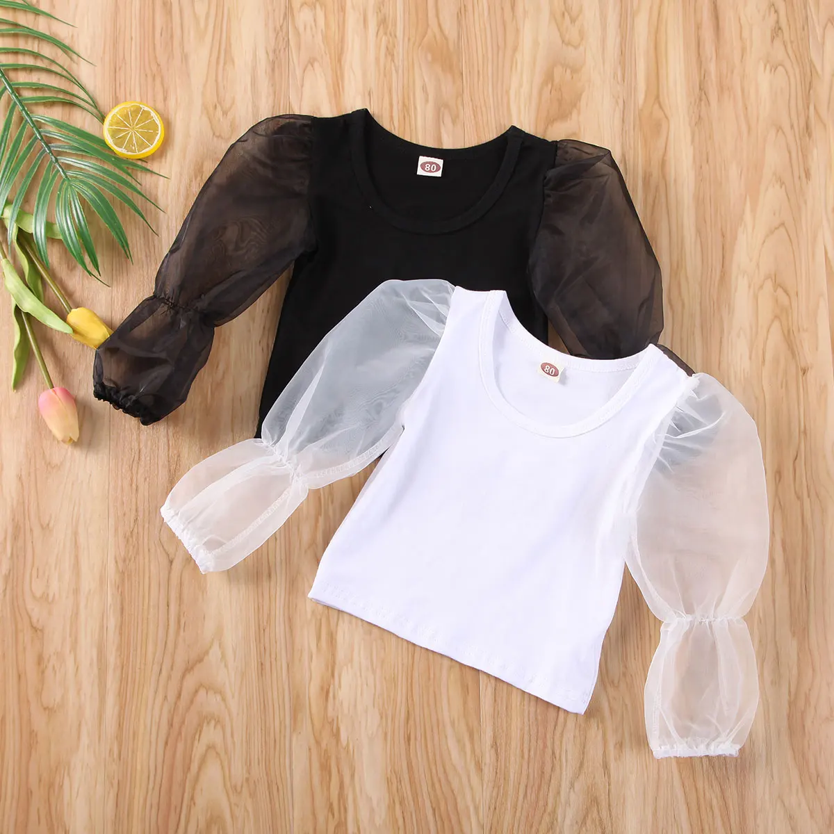 Toddler Baby Girls Mesh Puff Sleeve Crop Top Solid Color Ruffle Flare Blouse T-Shirt Pullover Summer Outfits Clothes 