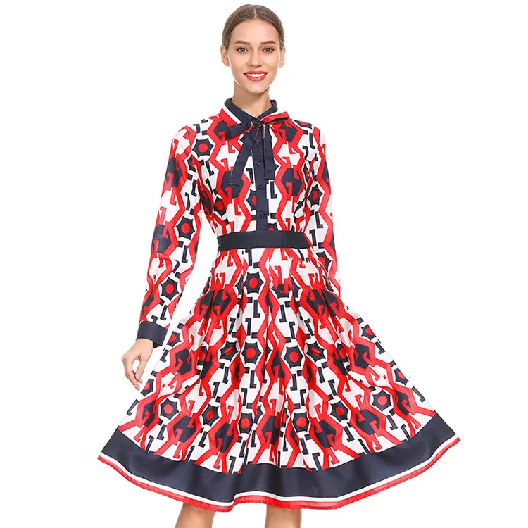 

7715 #2019 Spring And Summer New Style Women's Europe And America High-End Catwalk Models Ethnic-Style Printed High-waisted Eleg