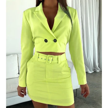 

New Sexy Neon Green Two Piece Crop Jacket Skirt Set Autumn Long Sleeve Matching Sets High Street 2 Pieces Outfits for Women