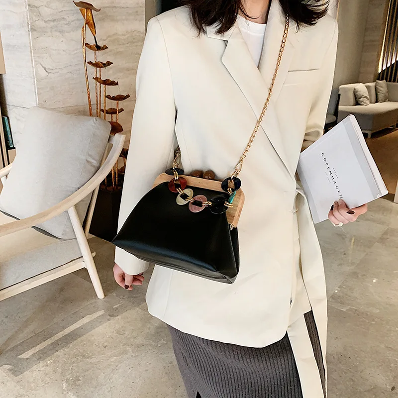 

2019 Winter New Style WOMEN'S Bag Amber Chain Solid Color jia kou bao Wood Frame Ethnic-Style Shoulder Chain Bag