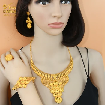 ANIID Ethiopia Dubai 24K Luxury Gold Jewelry Set Choker Necklace Earring Ring For Women Party Wedding Indian African Jewellery