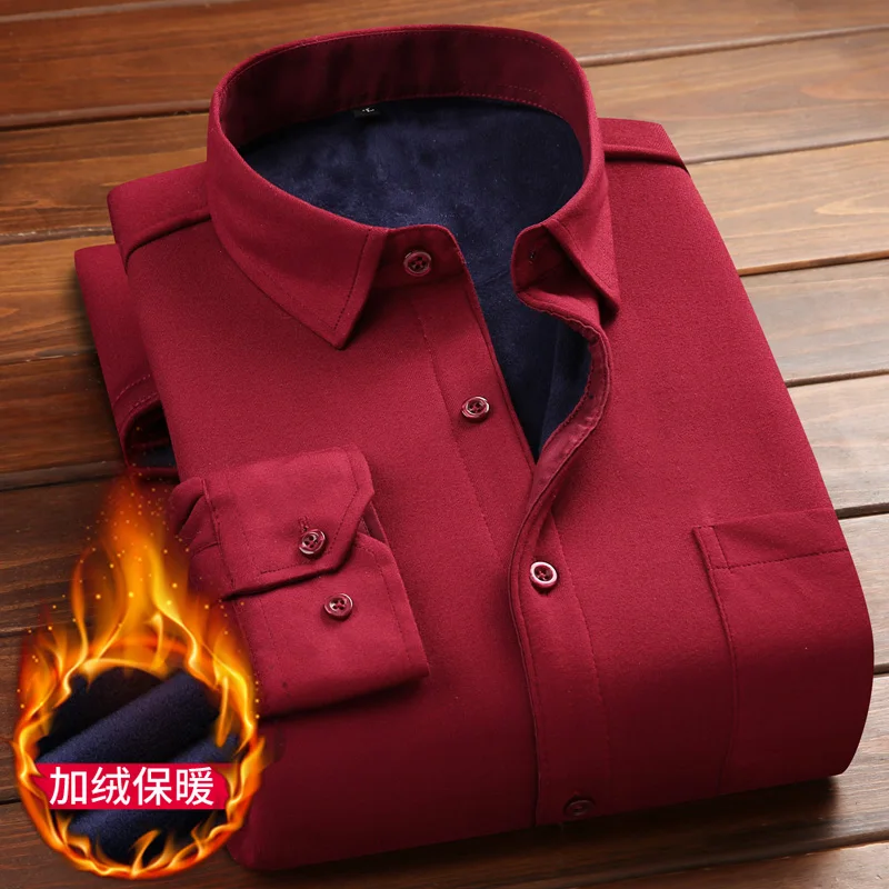 Camisa de vestir para hombres nueva camisa de manga larga de algodón sólido invierno de pana gruesa para hombre - Цвет: Красный