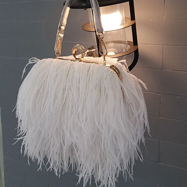 2022 Luxury Ostrich Feather Party Evening Clutch Bag Women Wedding Purses and Handbags Small Shoulder Chain Bag Designer Bag