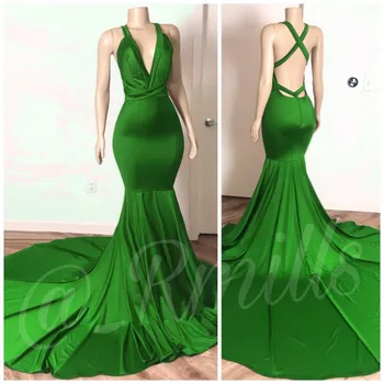 

Green Mermaid Prom Dresses for African Black Girls V Neck Court Train Simple Elastic Satin Sexy Women Vestido De Festa