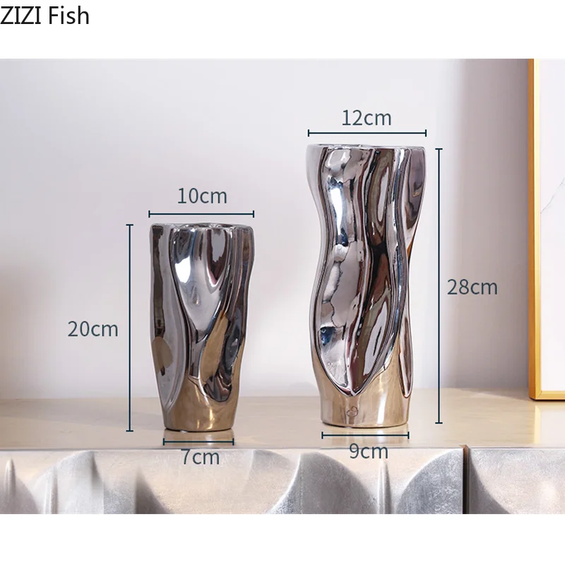 Ceramic Vase Silver Flower Vase Mirror Surface Warped Abstract Flower Arrangement Ceramic Bottle Home Decoration Ornaments 5
