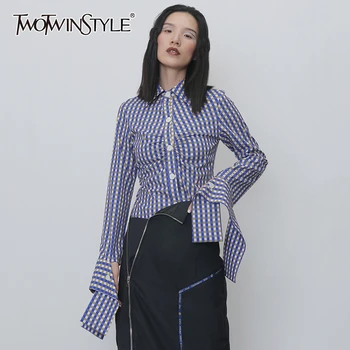 

TWOTWINSTYLE Vintage Plaid Blouses Female Lapel Collar Long Sleeve Slim Ruched Irregular Shirts For Women Fashion 2020 Clothing