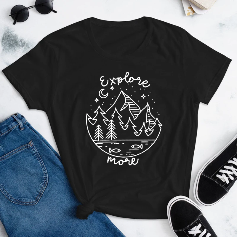 

Explore More Mountains T-shirt Aesthetic Summer Short Sleeve Hiking Nature Top Tee Cute Women Adventure Camping Tshirt