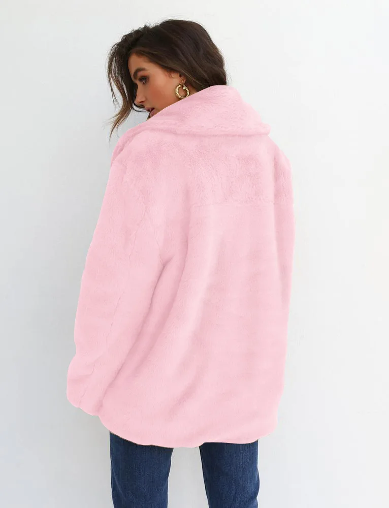 Women Winter Plush Coat Soft Women Fur Jackets Turn Down Collar Warm Outwear Casual Female Flannel Pink Coats