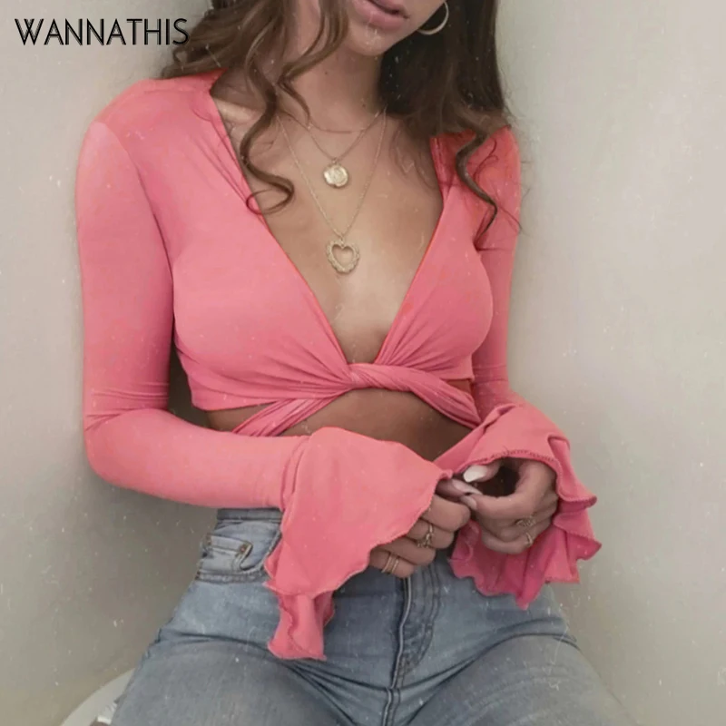 

WannaThis Flare Sleeve Deep V-Neck Irregular Criss Cross Blouse Hollow Out Elastic Slim Crop Top Sexy Autumn Bow Pink Women Top