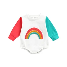 Vêtements à manches longues pour bébés, body à col rond avec couleurs assorties, motif arc en ciel, Style décontracté, automne et printemps 