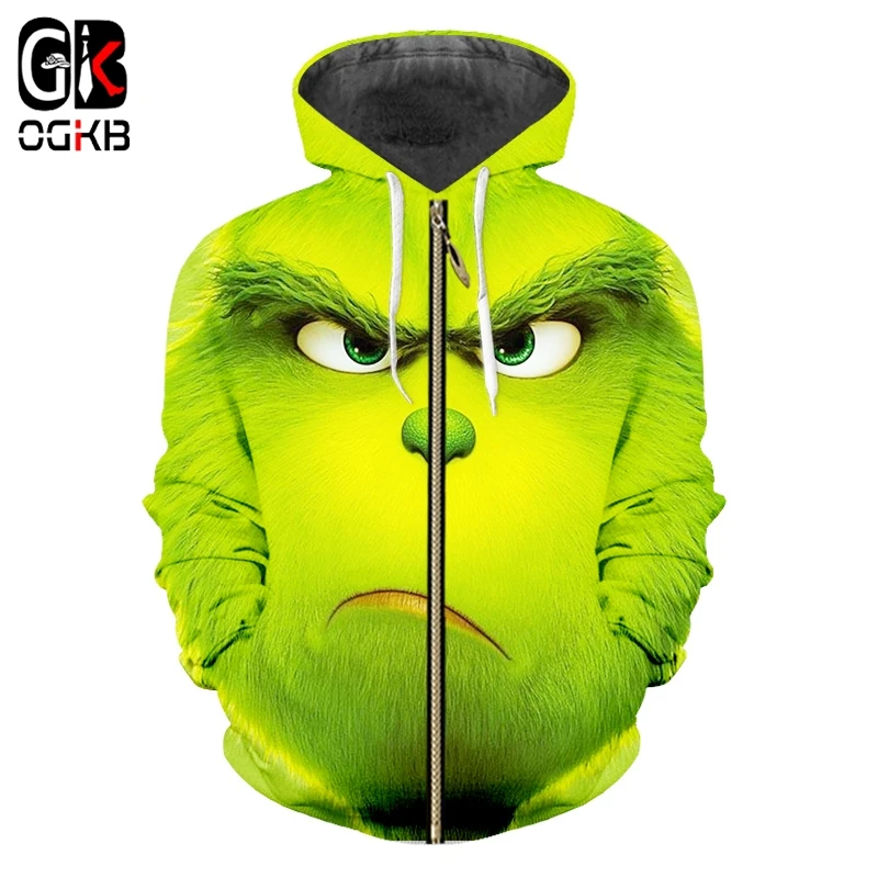 

OGKB 2019 Digital Printing Sublimation Anime 3D Full Print Green Monster Zipper Hoodie Mens Hip Hop Streetwear Drop-ship Apparel