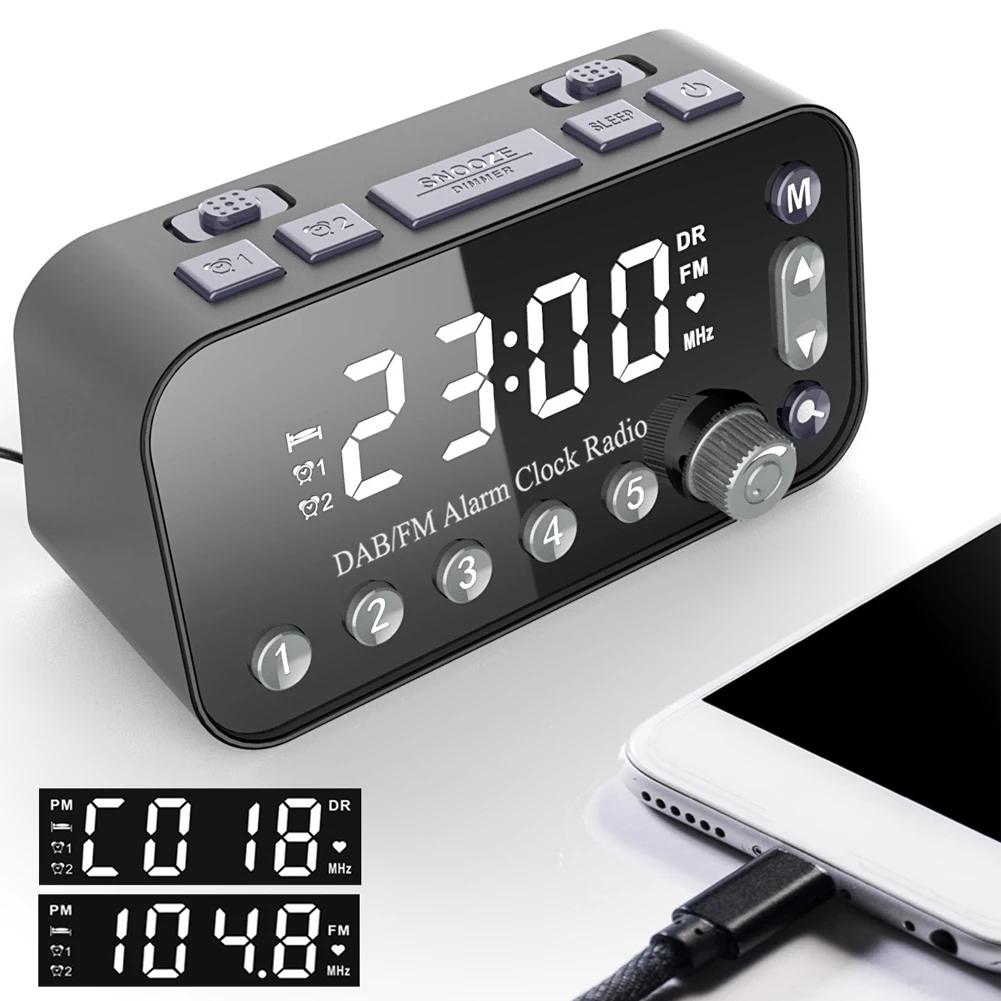 Portable DAB &amp FM Radio Music Player Digital Alarm Clock with LED Large Display Screen Dual USB Port for Indoor Outdoor Activity |