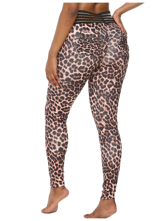 New Leopard Print Hip Push Up Yoga Leggings with Pocket Women Yoga Pants Mesh Elastic Waist Gym Workout Tights Fitness Clothing