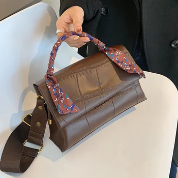 

Stone pattern PU Leather Handle Floral Silk Scarf Design Ladies Handbag 2021 Fashion Women Messenger Bag Ladies Shoulder Bag