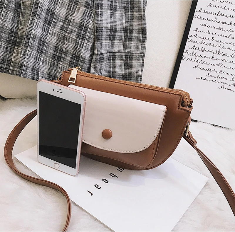 Mododiino Patchwork Saddle Bag Ladies Bag Contrast Color Shoulder Bag Simple Half Moon Women Bag Leather Crossbody Bag DNV1271