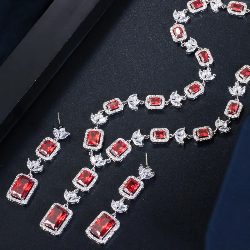 CWWZircons квадратный вырез красный фианит камень для женщин Свадебная вечеринка ожерелье ювелирные изделия комплекты для невест костюм аксессуары T369
