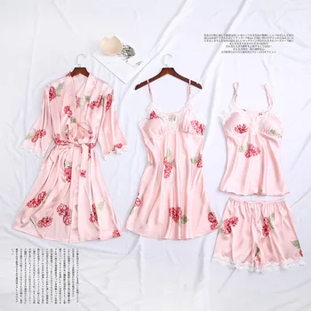 

Satin Pajamas Suit 4PCS Sexy Intimate Lingerie Kimono Bathrobe Gown Lady Sleep Set Silky Spaghetti Strap Top&Shorts Homewear