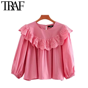 

TRAF Women Sweet Fashion Hollow Out Embroidery Ruffled Blouses Vintage O Neck Half Sleeve Female Shirts Blusa Chic Tops