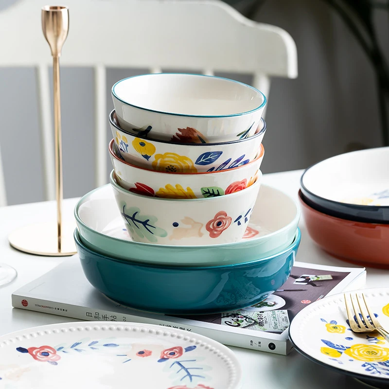 Noodle Bowl Full Set Dinner Tools, Ceramic Family Dinnerware, Japanese Tableware, Western Tray, Pan with Handle, Soup Bowl