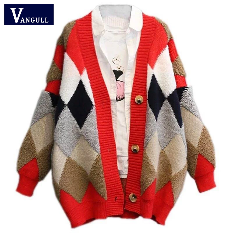 

Vangull Plaid Cardigans Sweater Patchwork Thick Open Long Knitted Women Sweaters Autumn Winter Casual V-Neck Puff Sleeve Sweater