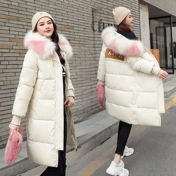 

Winter cap hairy collar cotton coat lady Parkas loose medium length thicker cotton jacket suit long sleeved solid coat Full