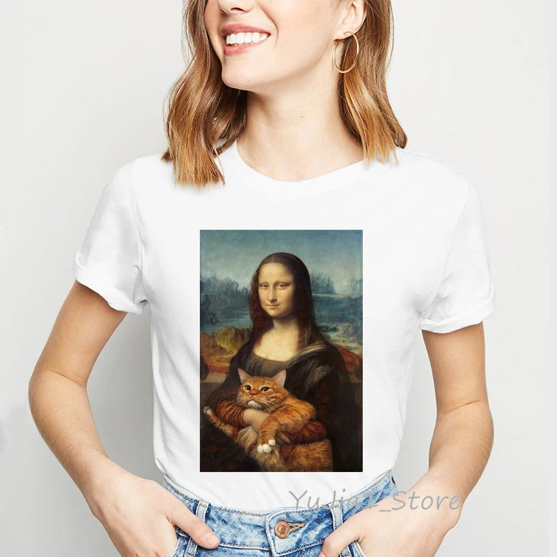 Ropa mujer Mona Lisa and her cat футболка с рисунком для женщин плюс размер vogue Забавные футболки femme летние топы женская футболка