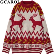 GCAROL, новинка, Зимний Рождественский женский свитер с лосем, негабаритный, с заниженным плечом, с геометрическим рисунком, красивый стиль, толстый вязаный джемпер, свитер для ленивых