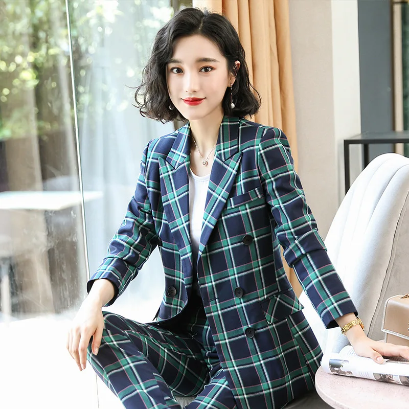 green coat and pant IZICFLY стиль осень зима Зеленый Клетчатый Длинный блейзер комплект с брюками Униформа дизайн деловые брюки костюм Женская офисная одежда плюс размер бежевый - Цвет: green coat and pant