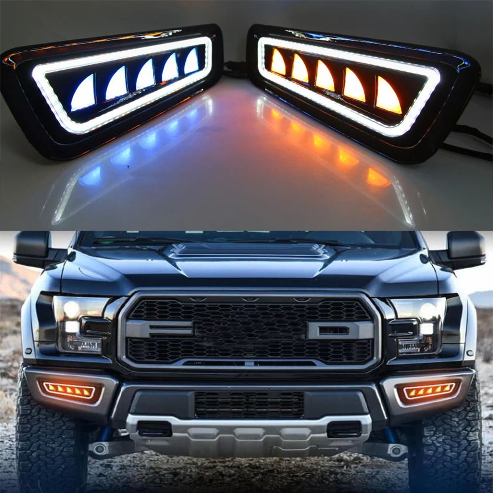 For Ford F-150 Raptor 2017 2018 2019 Yellow Turn Signal Function Car DRL Waterproof 12V LED Daytime Running Light Fog Lamp |