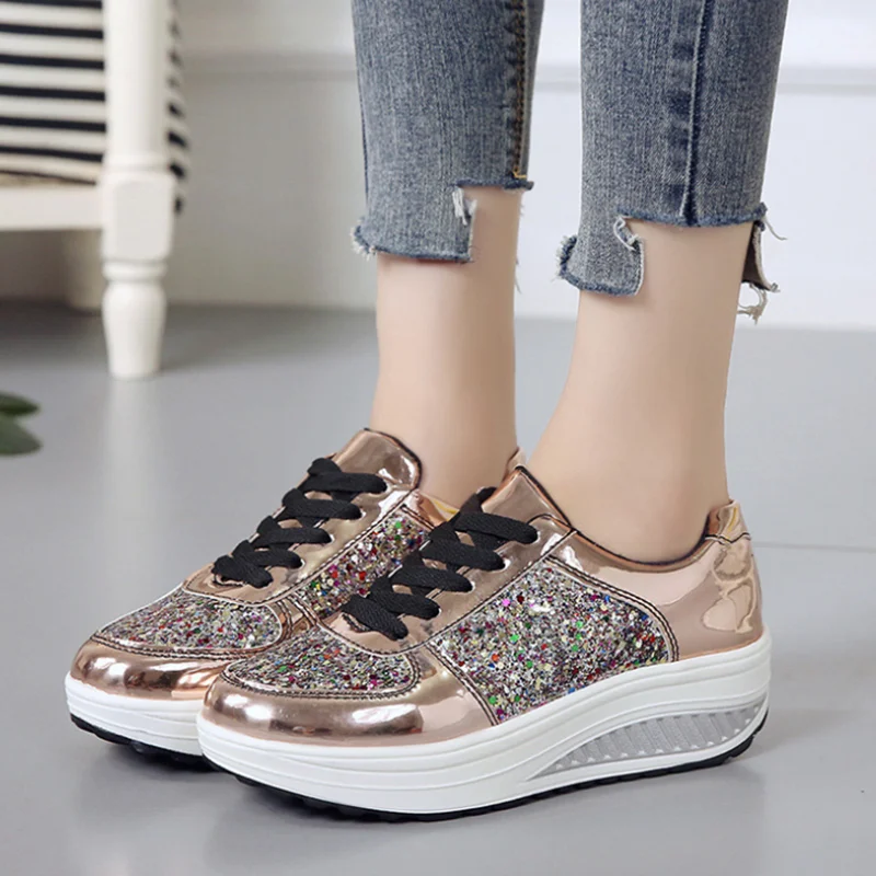 

AGUTZM Women Casual Shoes Platform bright Sneakers Designer lace-up Shoes Wedge Women Basket Femmes shallow Sneakers Y720
