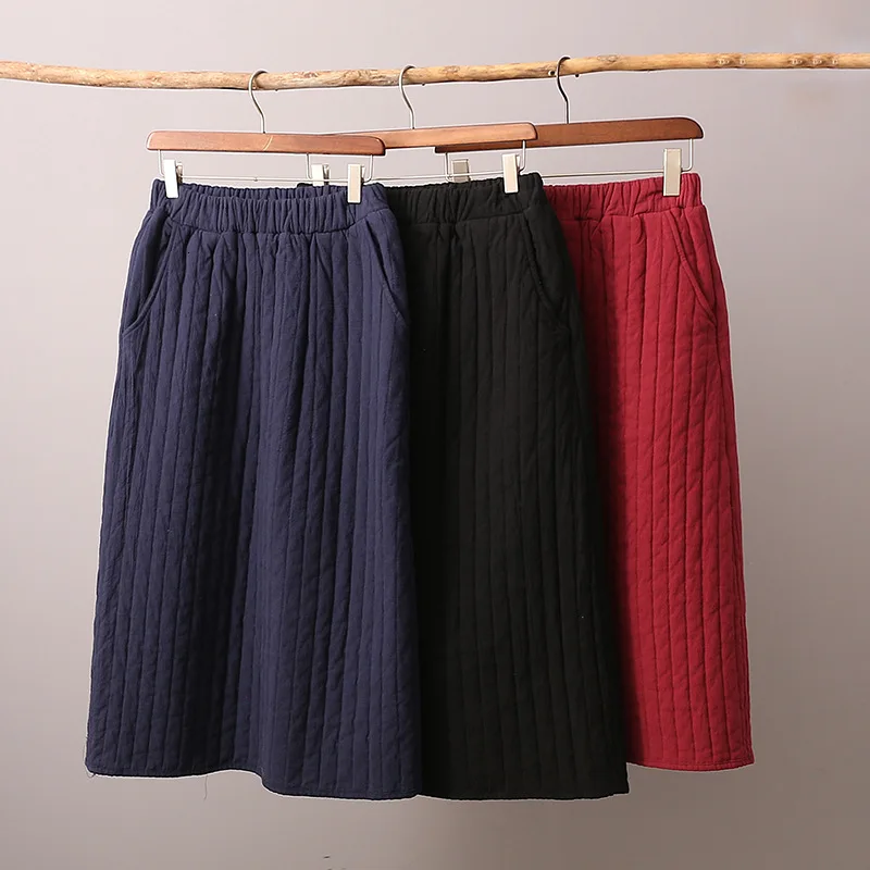 NINI WONDERLAND, зимние Утепленные хлопковые винтажные юбки-бутоны, Женская однотонная Свободная юбка с эластичной резинкой на талии, женская повседневная юбка большого размера