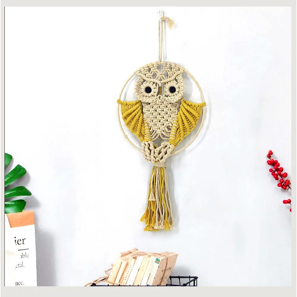 

Yellow Red Owl Bohemian Macrame Wall Art Handmade Cotton Wall Hanging Tapestry Nordic Tapestry with Tassel Home Wedding Decoration
