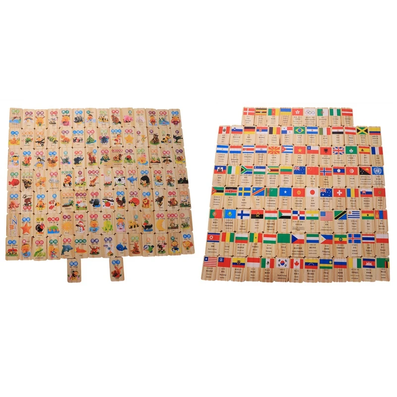 Mwz 2 Set Wooden Blocks Domino Game Chinese Learning Cognitive Toys, Cognitive Domino- Chinese Character Fun Cognition& Flag R