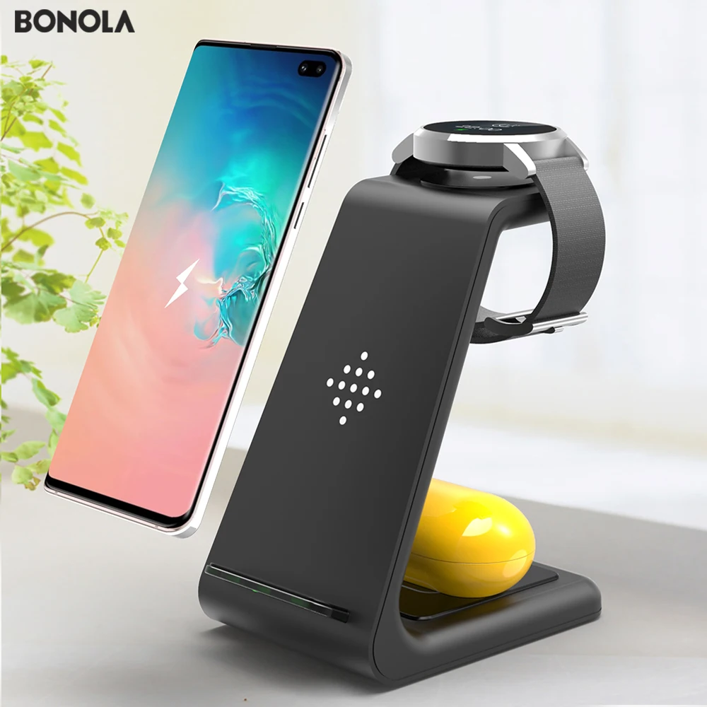 Bonola Qi 3 in 1 Wireless Charging Station For iPhone11Pro/Xr/Xs/AirPods Pro/iWatch5  Wireless Charger For SamsungS10/Buds/Watch