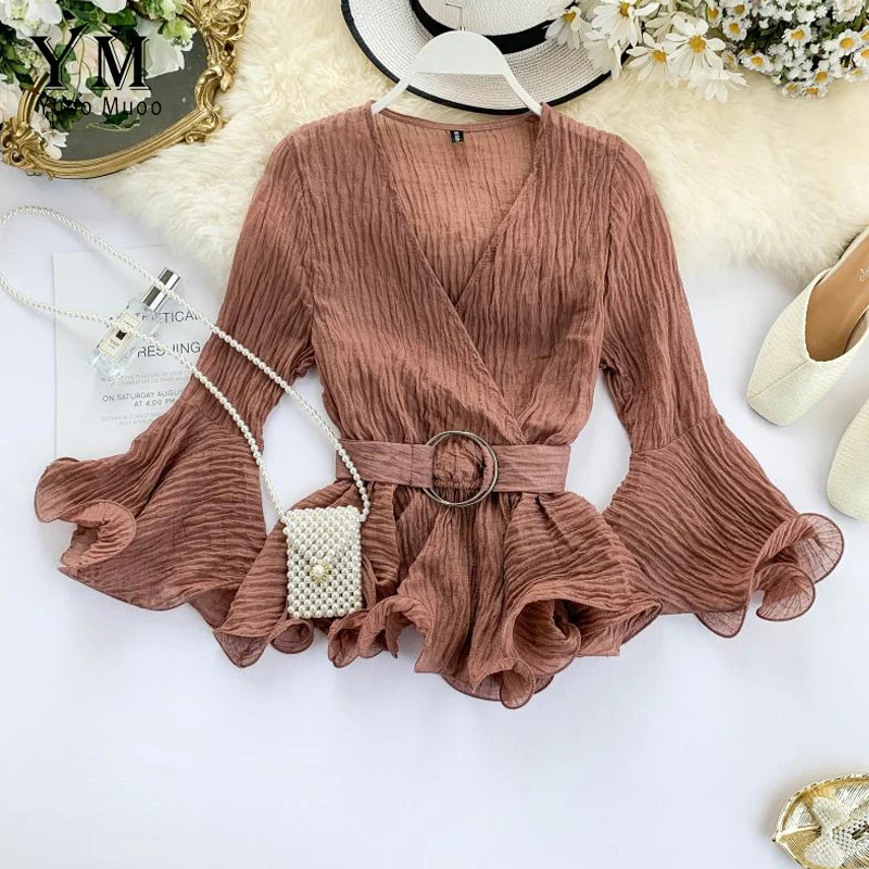  YuooMuoo Elegant Sashes Bandage Autumn Women Blouse Shirt 2019 V Neck Korean Style Ruffle Women Blo