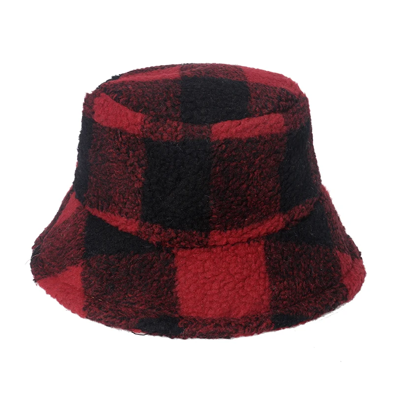 FOXMOTHER Fashion Outdoor Bob Warm Lamb Faux Fur Fluffy Fishing Caps Mens Women Winter Check Tartan Plaid Bucket Hats Ladies 5